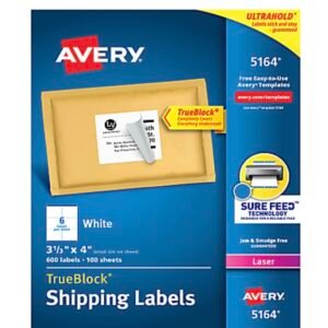 Avery® TrueBlock® Shipping Labels 5164, Rectangle, 3 1/3" x 4", White 600 Ct