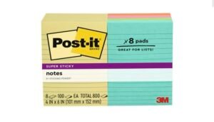 Post-it Super Sticky Notes, 4" x 6", Assorted Colors, Lined 8/100Ct