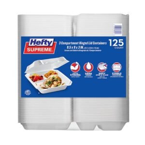Hefty Supreme Foam Hinged Lid Container, 3-Compartment 125 ct