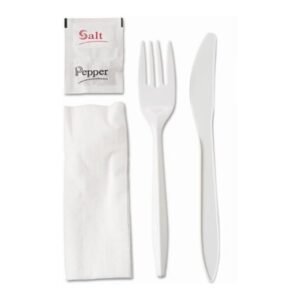 Plastic combo -  5 Piece Wrapped Cutlery Set in White (fork, knife, napkin, s&p) - 250 Ct