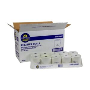Sunset 2300 - POS Carbonless Printer Rolls, 2-Ply, Carbonless, 3", 100' - 10 rolls per tray
